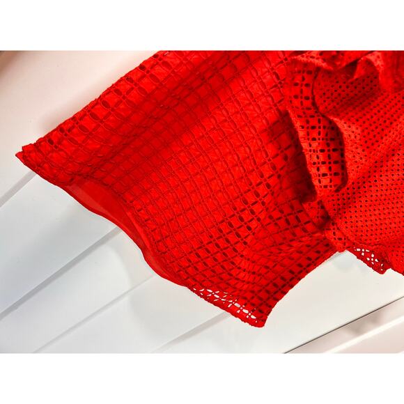 J. Crew Women's Eyelet One Shoulder Ruffle Blouse Top Boho Bohemian Red Size 6 - Picture 5 of 12